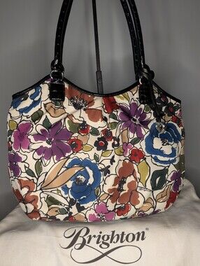 Brighton Floral Tote Bag Black Croc Patent Trim